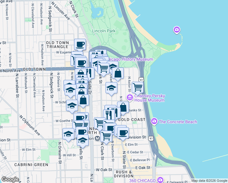 map of restaurants, bars, coffee shops, grocery stores, and more near 1425 North Dearborn Parkway in Chicago