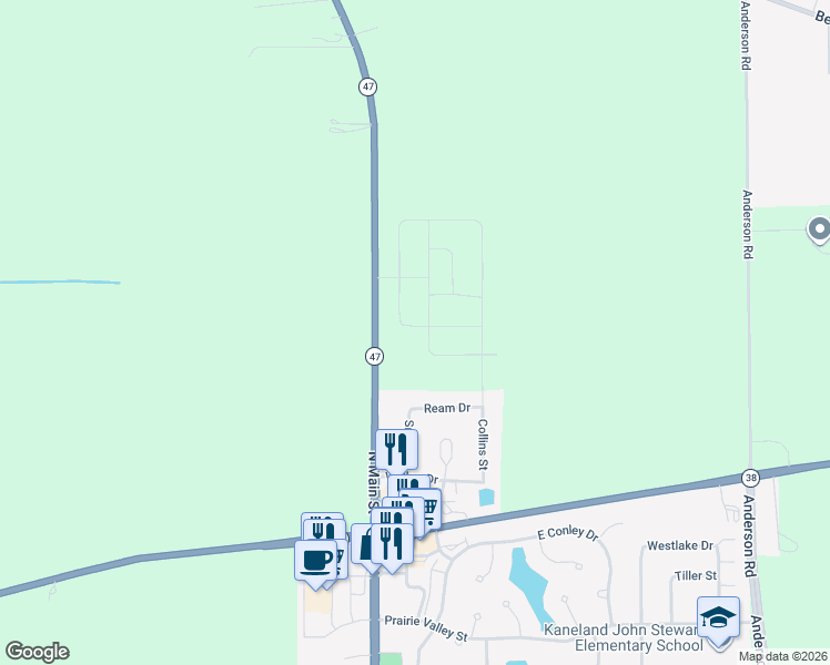 map of restaurants, bars, coffee shops, grocery stores, and more near 141 Conway Street in Elburn
