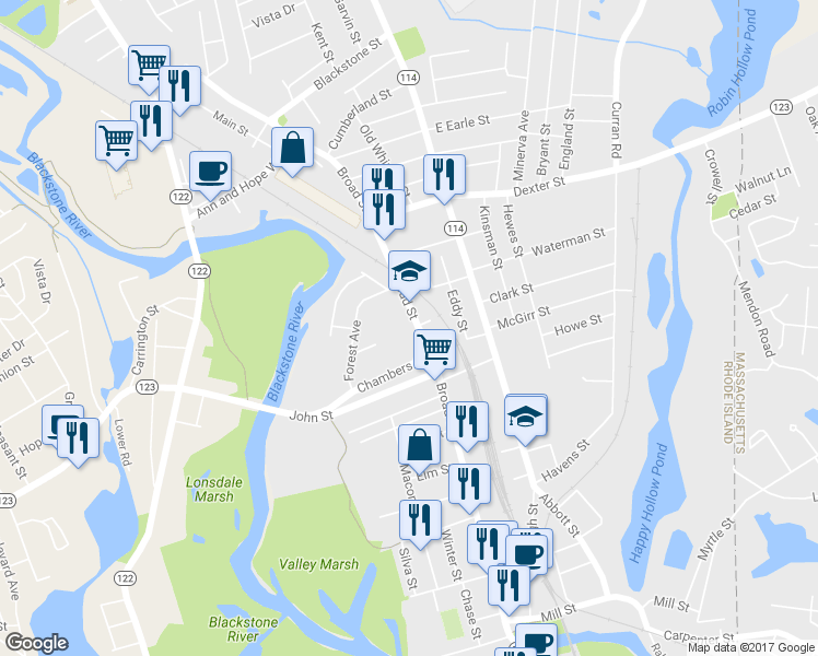 map of restaurants, bars, coffee shops, grocery stores, and more near 364 Broad Street in Cumberland