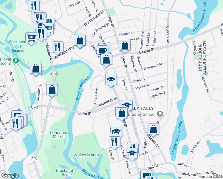 map of restaurants, bars, coffee shops, grocery stores, and more near 364 Broad Street in Cumberland