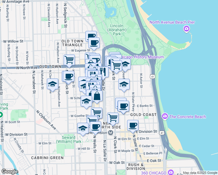 map of restaurants, bars, coffee shops, grocery stores, and more near 1450 North LaSalle Drive in Chicago