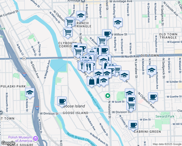 map of restaurants, bars, coffee shops, grocery stores, and more near 1476 North Fremont Street in Chicago