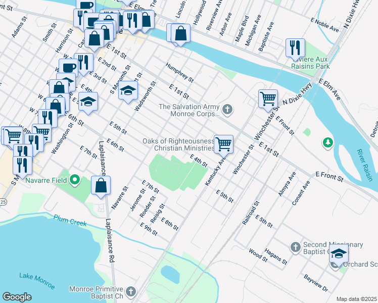 map of restaurants, bars, coffee shops, grocery stores, and more near 802 East 4th Street in Monroe