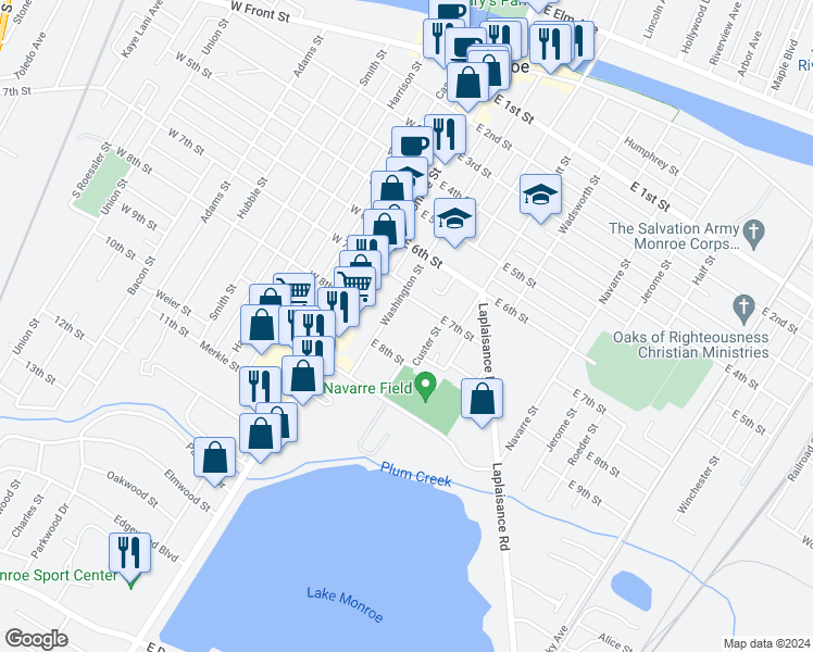 map of restaurants, bars, coffee shops, grocery stores, and more near 725 Washington Street in Monroe