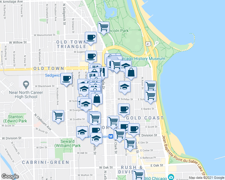 map of restaurants, bars, coffee shops, grocery stores, and more near 1418 North Sandburg Terrace in Chicago