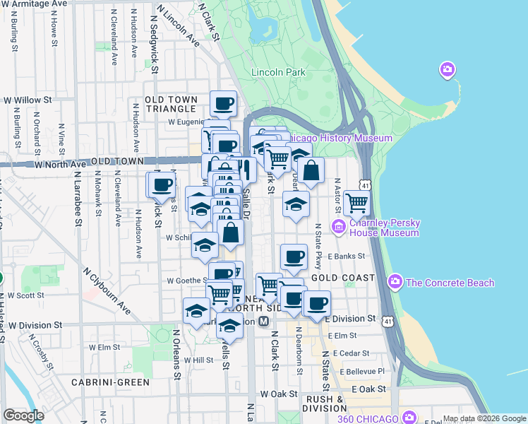 map of restaurants, bars, coffee shops, grocery stores, and more near 1418 North Sandburg Terrace in Chicago