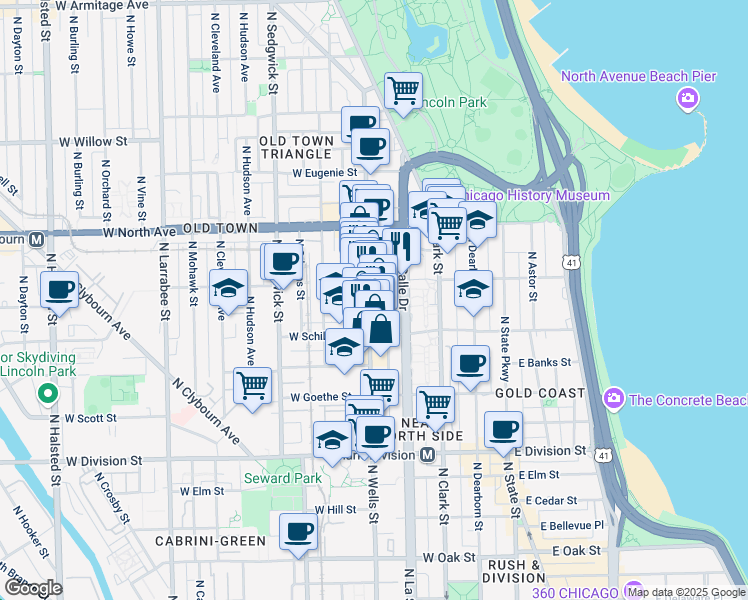 map of restaurants, bars, coffee shops, grocery stores, and more near 1429 North Wells Street in Chicago