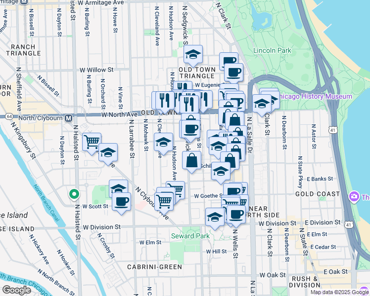 map of restaurants, bars, coffee shops, grocery stores, and more near 1408 North Sedgwick Street in Chicago