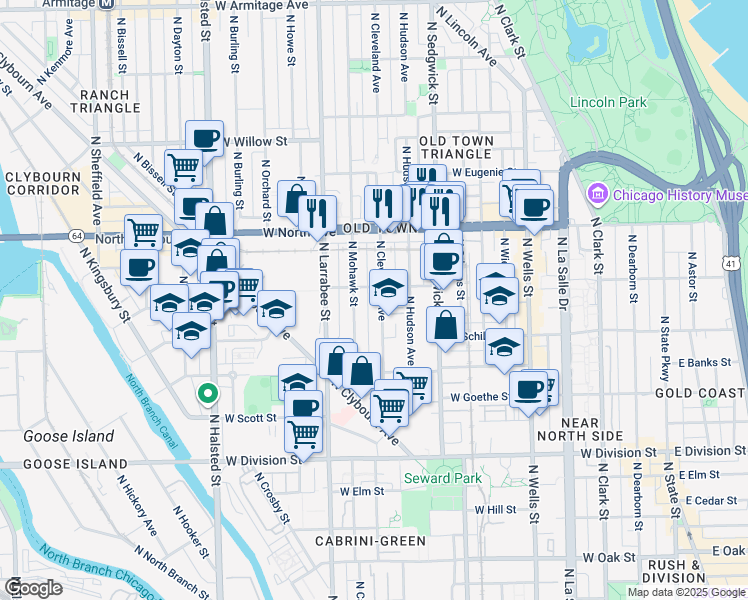map of restaurants, bars, coffee shops, grocery stores, and more near 1429 North Mohawk Street in Chicago