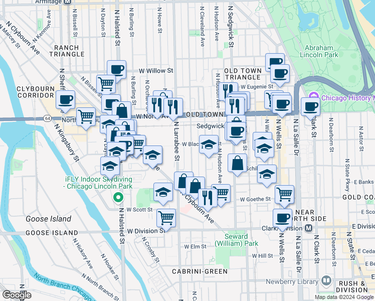 map of restaurants, bars, coffee shops, grocery stores, and more near 1429 North Mohawk Street in Chicago