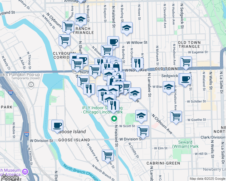 map of restaurants, bars, coffee shops, grocery stores, and more near 1457 North Halsted Street in Chicago
