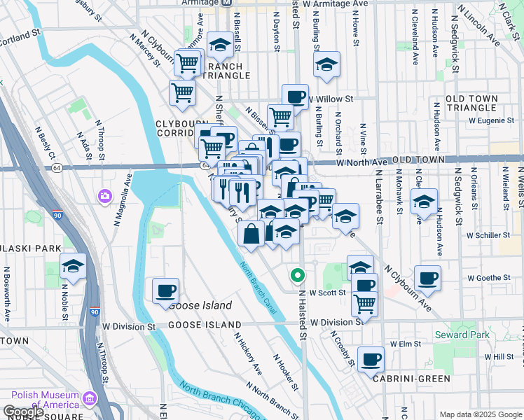 map of restaurants, bars, coffee shops, grocery stores, and more near 1476 North Fremont Street in Chicago