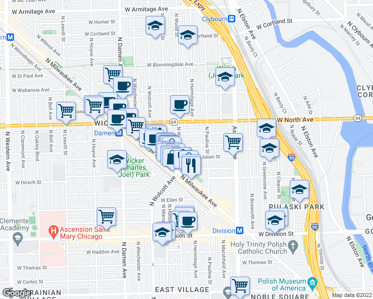 map of restaurants, bars, coffee shops, grocery stores, and more near 1746 West Julian Street in Chicago