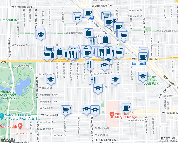 map of restaurants, bars, coffee shops, grocery stores, and more near 1510 North Claremont Avenue in Chicago