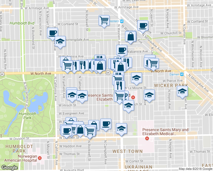 map of restaurants, bars, coffee shops, grocery stores, and more near in Chicago