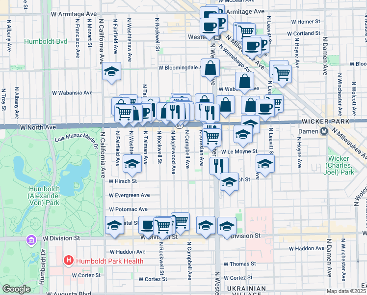map of restaurants, bars, coffee shops, grocery stores, and more near in Chicago