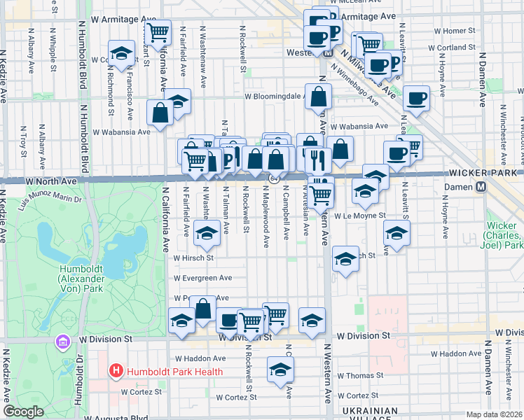 map of restaurants, bars, coffee shops, grocery stores, and more near in Chicago