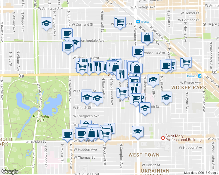 map of restaurants, bars, coffee shops, grocery stores, and more near in Chicago