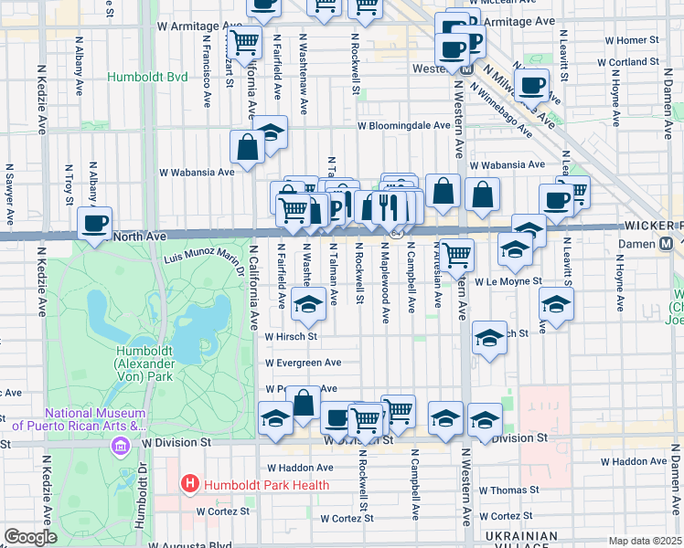 map of restaurants, bars, coffee shops, grocery stores, and more near 2614 West Le Moyne Street in Chicago