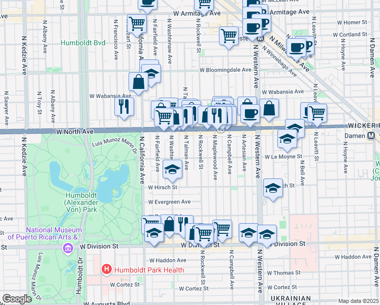map of restaurants, bars, coffee shops, grocery stores, and more near 2614 West Le Moyne Street in Chicago