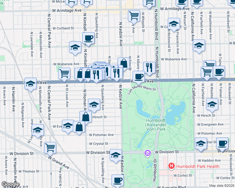 map of restaurants, bars, coffee shops, grocery stores, and more near 3226 West Le Moyne Street in Chicago