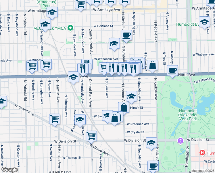 map of restaurants, bars, coffee shops, grocery stores, and more near 3450 West Le Moyne Street in Chicago