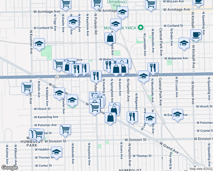 map of restaurants, bars, coffee shops, grocery stores, and more near 1512 North Springfield Avenue in Chicago