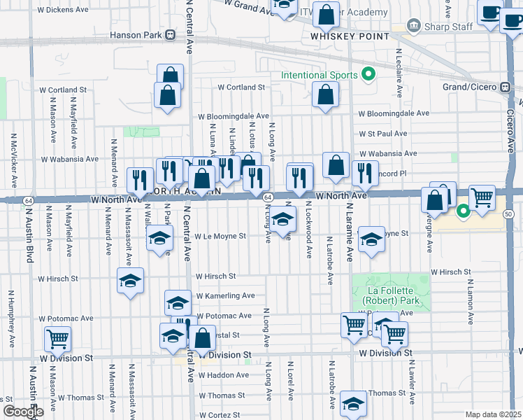 map of restaurants, bars, coffee shops, grocery stores, and more near 1529 North Lotus Avenue in Chicago