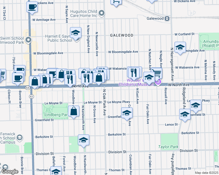 map of restaurants, bars, coffee shops, grocery stores, and more near in Oak Park