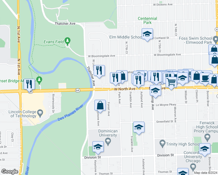 map of restaurants, bars, coffee shops, grocery stores, and more near in River Forest