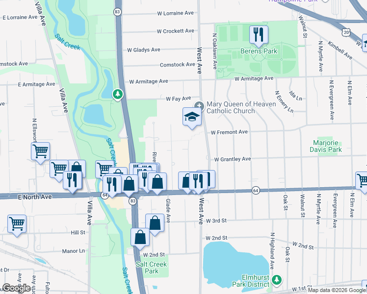 map of restaurants, bars, coffee shops, grocery stores, and more near 369 Ferndale Avenue in Elmhurst