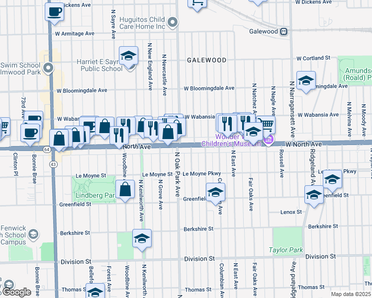 map of restaurants, bars, coffee shops, grocery stores, and more near 6729 West North Avenue in Oak Park