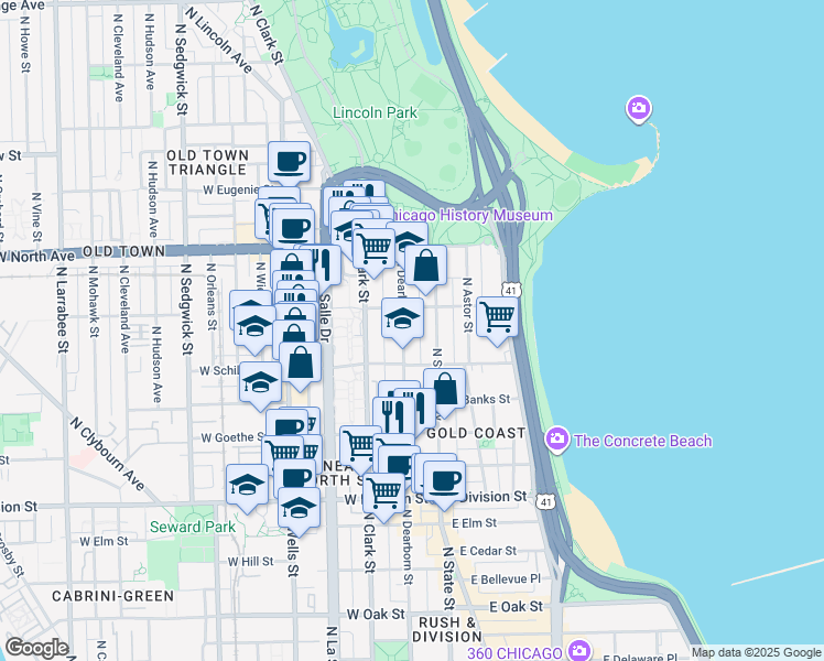 map of restaurants, bars, coffee shops, grocery stores, and more near 1425 North Dearborn Parkway in Chicago