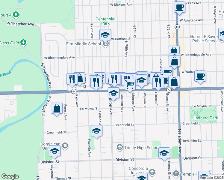 map of restaurants, bars, coffee shops, grocery stores, and more near 7607 West North Avenue in Elmwood Park