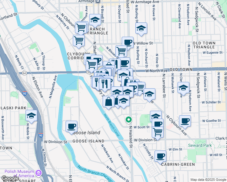 map of restaurants, bars, coffee shops, grocery stores, and more near 1476 North Fremont Street in Chicago
