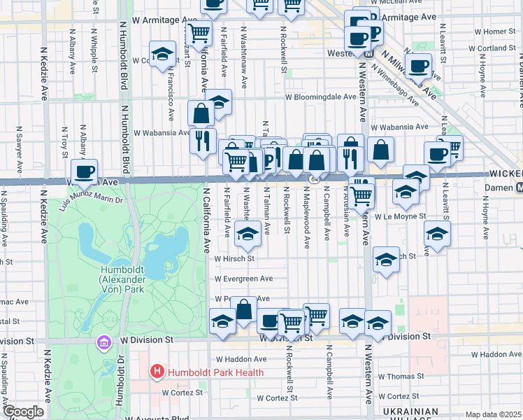 map of restaurants, bars, coffee shops, grocery stores, and more near 2614 West Le Moyne Street in Chicago