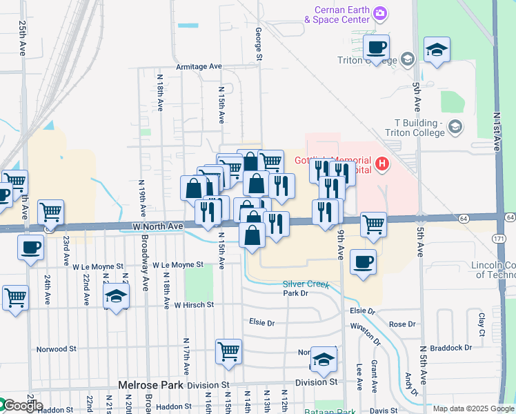 map of restaurants, bars, coffee shops, grocery stores, and more near 1415 West North Avenue in Melrose Park
