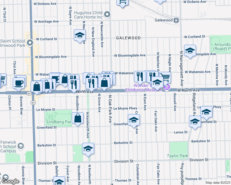 map of restaurants, bars, coffee shops, grocery stores, and more near 6729 West North Avenue in Oak Park