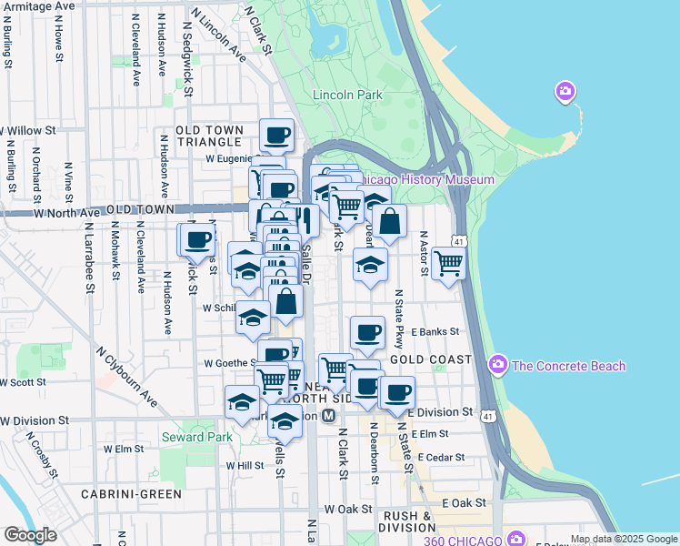 map of restaurants, bars, coffee shops, grocery stores, and more near 1465 North Clark Street in Chicago