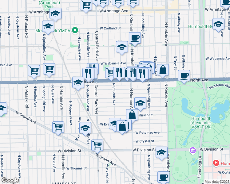 map of restaurants, bars, coffee shops, grocery stores, and more near 3450 West Le Moyne Street in Chicago