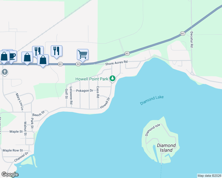map of restaurants, bars, coffee shops, grocery stores, and more near 61214 Howell Drive in Cassopolis