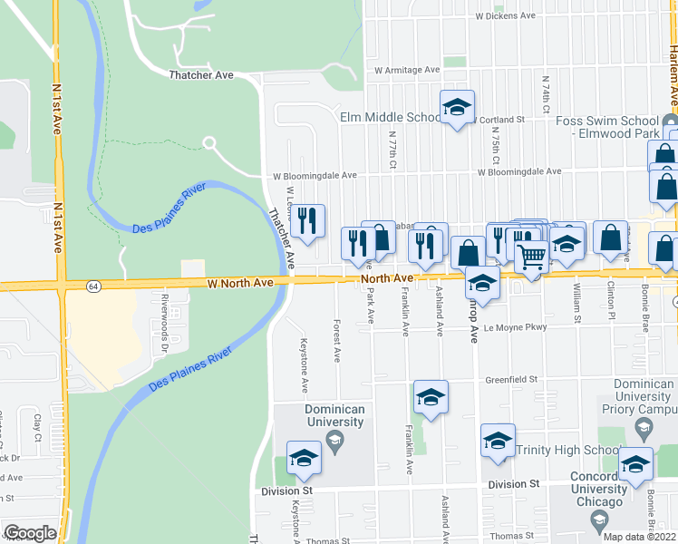 map of restaurants, bars, coffee shops, grocery stores, and more near in River Forest