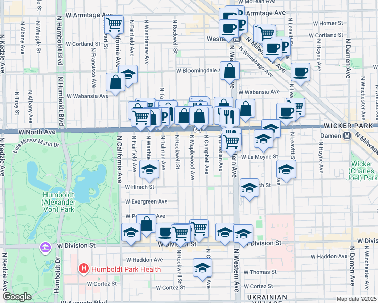 map of restaurants, bars, coffee shops, grocery stores, and more near in Chicago