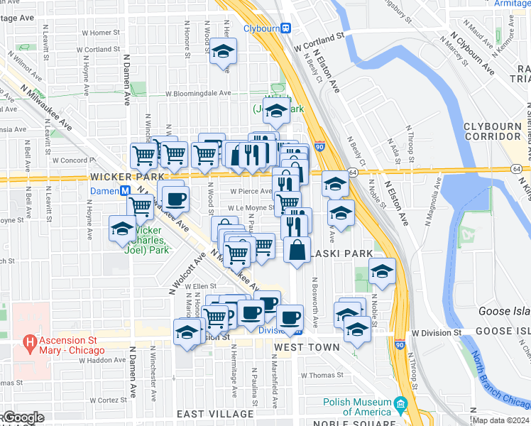 map of restaurants, bars, coffee shops, grocery stores, and more near 1641 West Le Moyne Street in Chicago