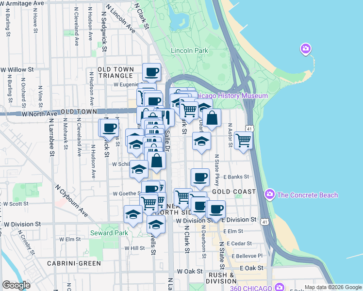 map of restaurants, bars, coffee shops, grocery stores, and more near 1455 North Sandburg Terrace in Chicago