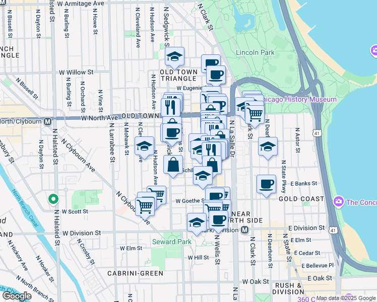map of restaurants, bars, coffee shops, grocery stores, and more near 1423 North Orleans Street in Chicago