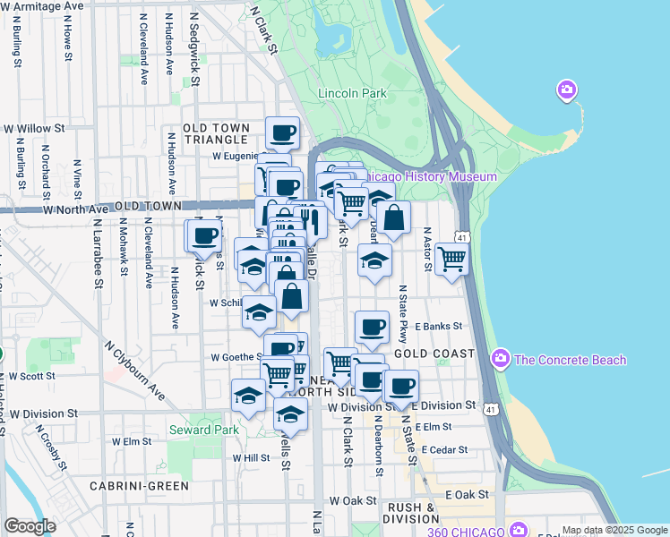 map of restaurants, bars, coffee shops, grocery stores, and more near 1418 North Sandburg Terrace in Chicago