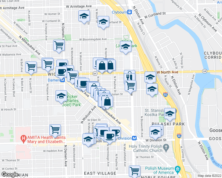 map of restaurants, bars, coffee shops, grocery stores, and more near 1713 West Le Moyne Street in Chicago