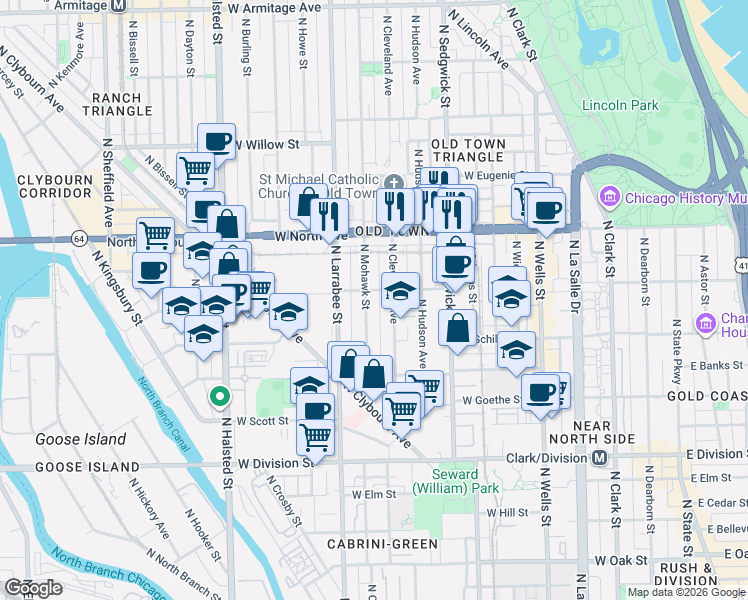 map of restaurants, bars, coffee shops, grocery stores, and more near 1429 North Mohawk Street in Chicago