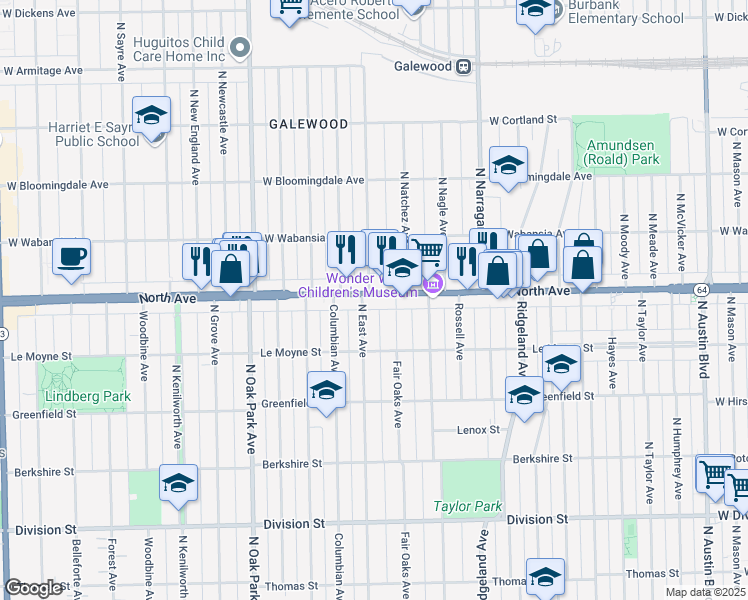 map of restaurants, bars, coffee shops, grocery stores, and more near 1235 Fair Oaks Avenue in Oak Park